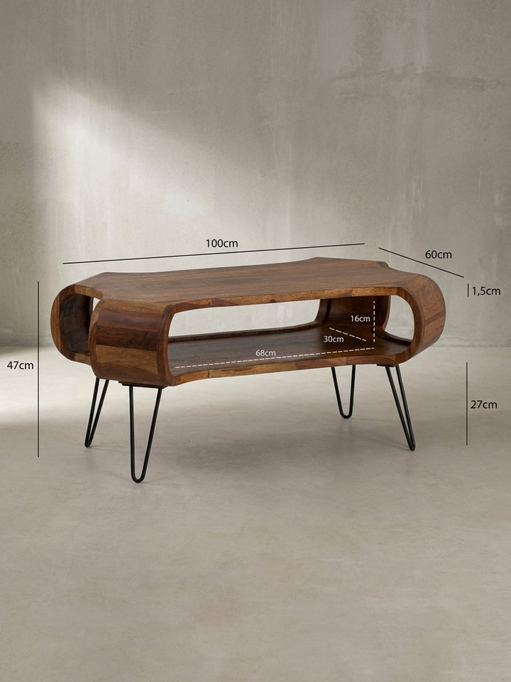 Technisches Maßbild des Couchtisches aus Massivholz mit genauen Abmessungen: Breite 100 cm, Tiefe 60 cm, Höhe 47 cm für eine perfekte Raumplanung._