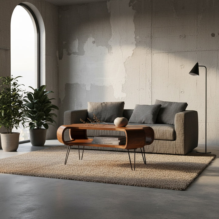 Rechteckiger Couchtisch aus Holz mit Ablage und Sofa im modernen Interieur – Kadima Design Online Shop_