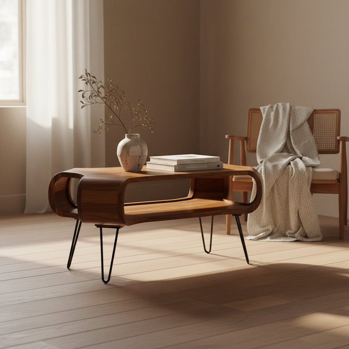 Couchtisch aus Massivholz und Metall - 100x60x47 cm - Rechteckig mit Stauraum und Haarnadelbeinen_