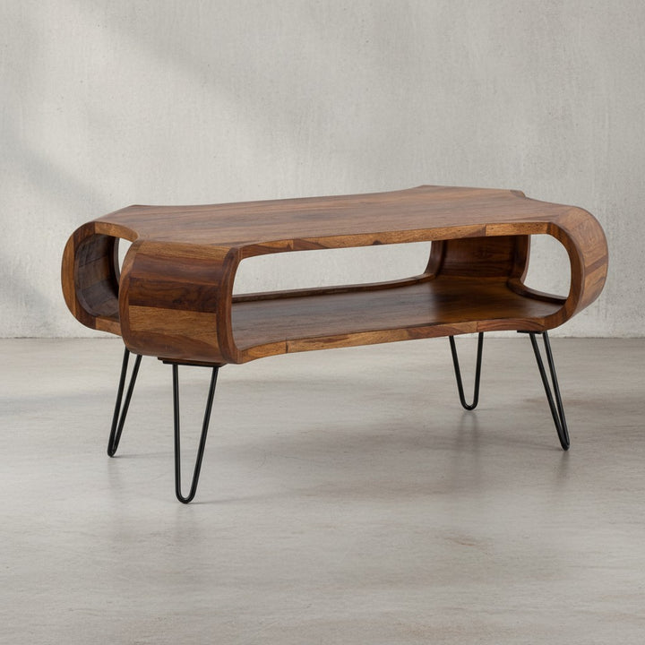 Couchtisch aus Massivholz und Metall - 100x60x47 cm - Rechteckig mit Stauraum und Haarnadelbeinen_
