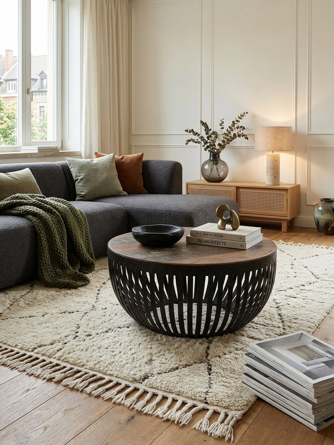 Runder Couchtisch aus recyceltem Massivholz und schwarzem Metall in einem eleganten Wohnzimmer. Der 70x70x33 cm große Industrial Clubtisch harmoniert mit hellen, tiefergelegten_