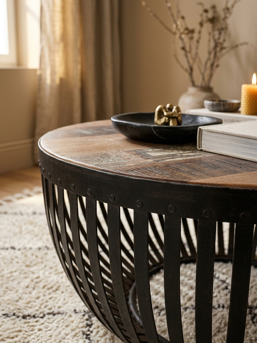 Detailaufnahme der rustikalen Holztischplatte aus recyceltem Massivholz. Sichtbare Maserungen und die schwarze Eisenkante betonen den hochwertigen Organic-Modern-Charakter des Tisches._