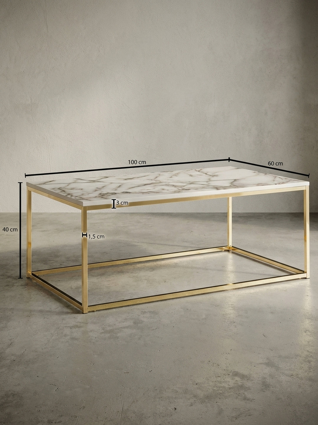 Technische Zeichnung des Couchtischs mit exakten Maßen: Länge 100 cm, Breite 60 cm und Höhe 40 cm für eine perfekte Planung im Wohnzimmer._