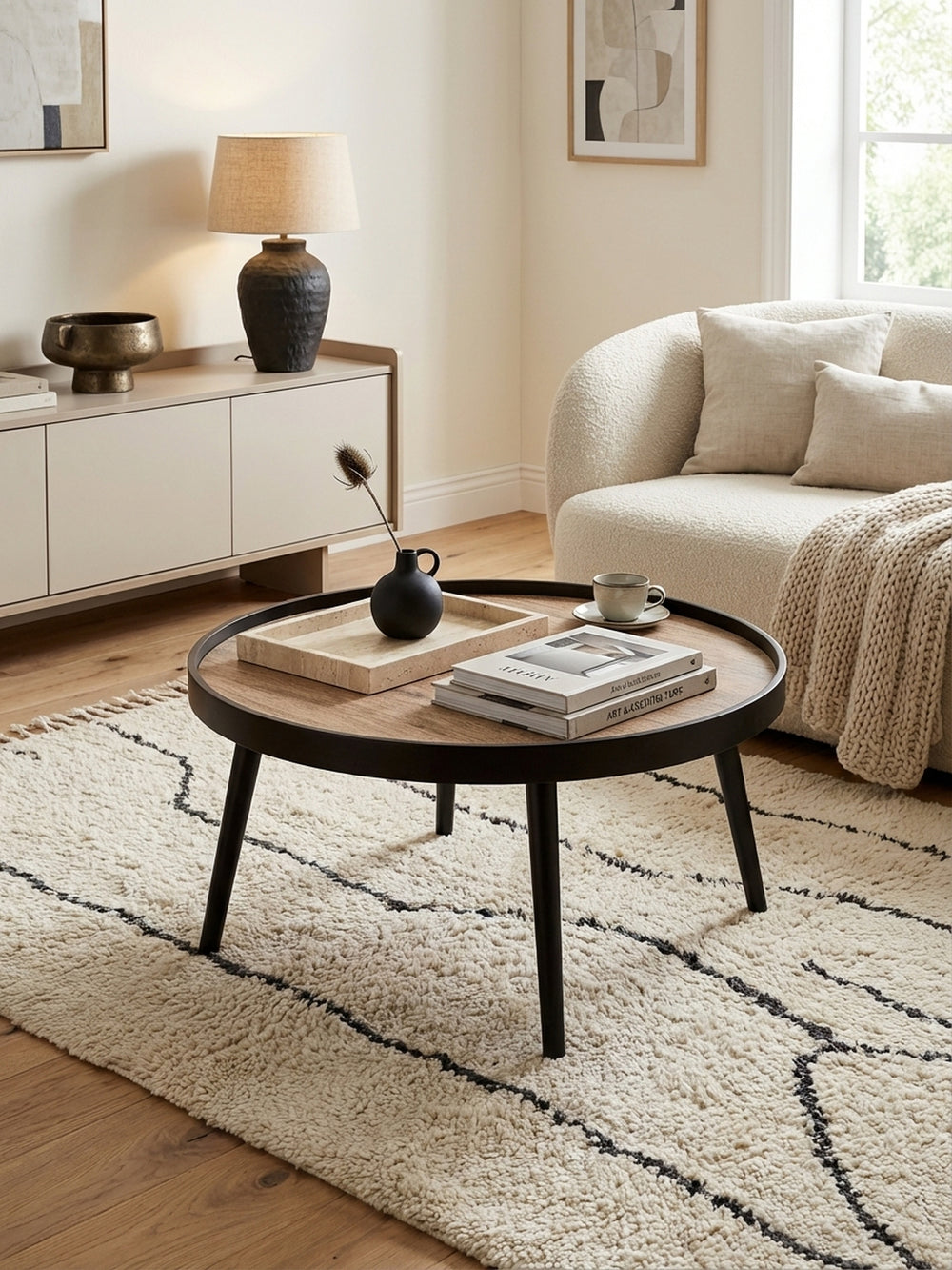 Runder Sofatisch 76x40 cm von oben gezeigt, zentral auf einem marokkanischen Teppich platziert, schafft eine harmonische Wohnlandschaft._