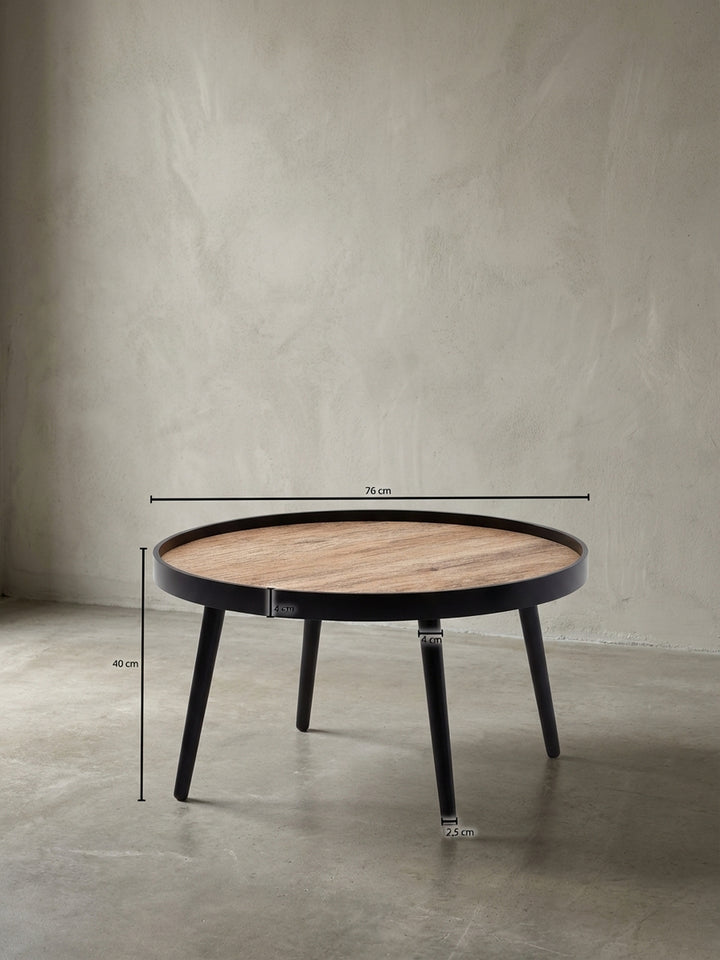 Technische Zeichnung des runden Couchtisches mit exakten Maßen: Breite 76 cm, Höhe 40 cm, und weiteren Detailabmessungen für die Raumplanung._