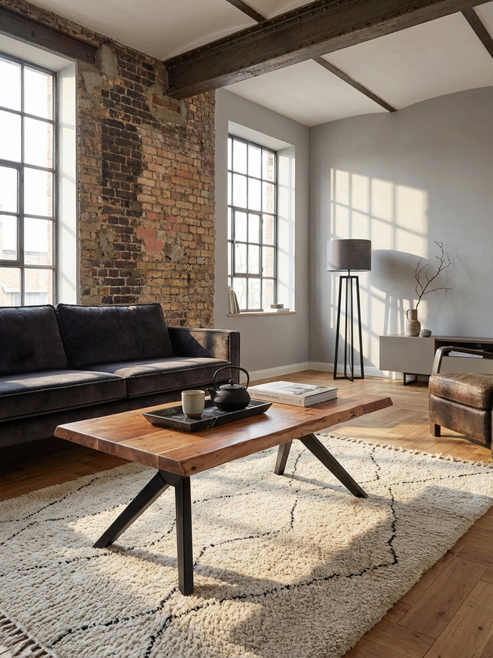 Draufsicht auf den Designer Sofatisch 115x64 cm aus Akazie, der die großzügige Tischplatte mit ihrer einzigartigen Maserung und der natürlichen Baumkante hervorhebt._