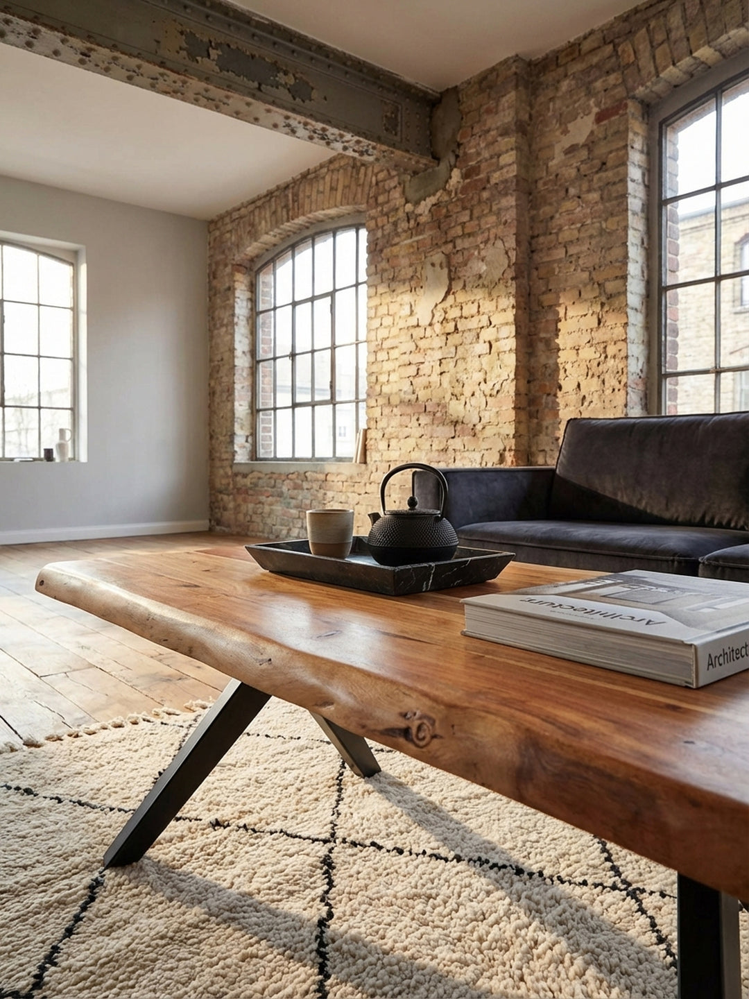 Makroaufnahme der lebendigen Holzmaserung des Akazie Massivholz Couchtisches, die die natürliche Schönheit und die hochwertige Oberflächenbehandlung zeigt._