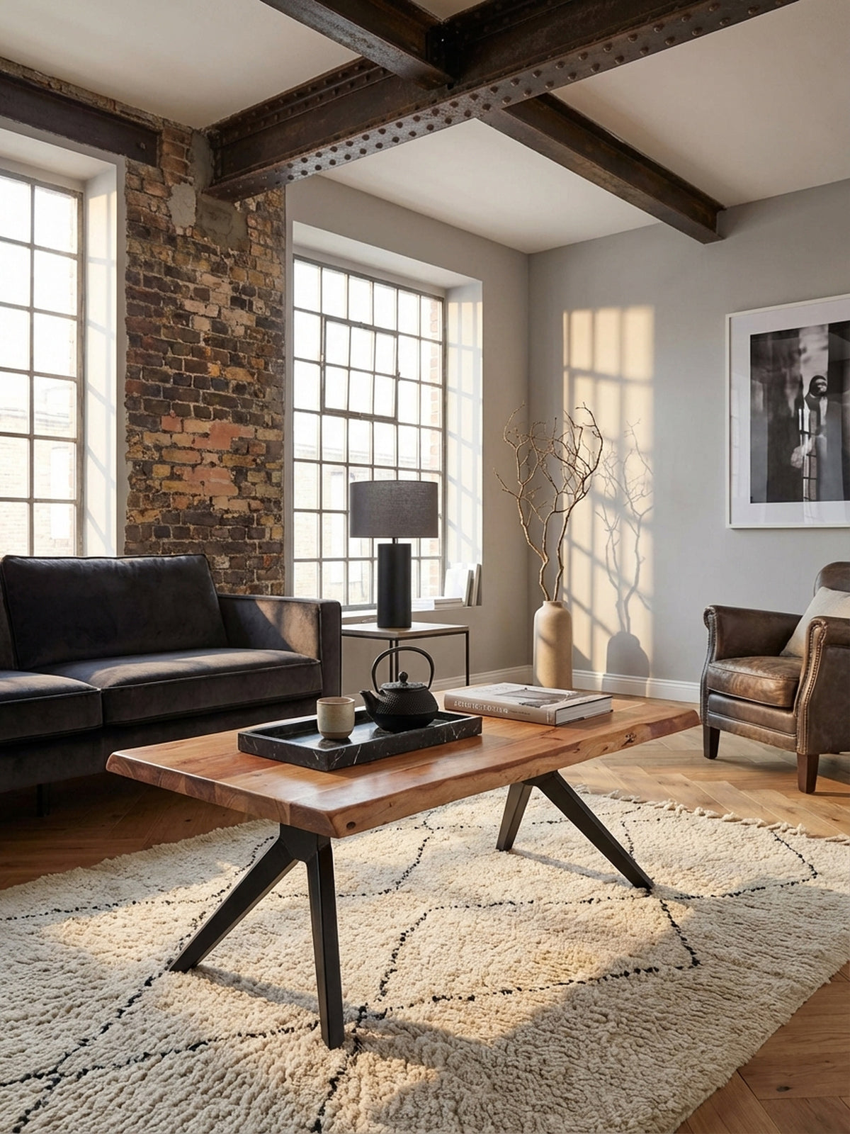 Ein stilvoller Couchtisch aus massivem Akazienholz mit Baumkante steht im Mittelpunkt eines modernen Wohnzimmers vor einem grauen Sofa auf einem weichen Teppich.
