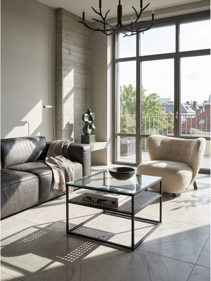 Kombination aus quadratischem Glas-Couchtisch und architektonischem Sessel in einem lichtdurchfluteten Loft-Raum_