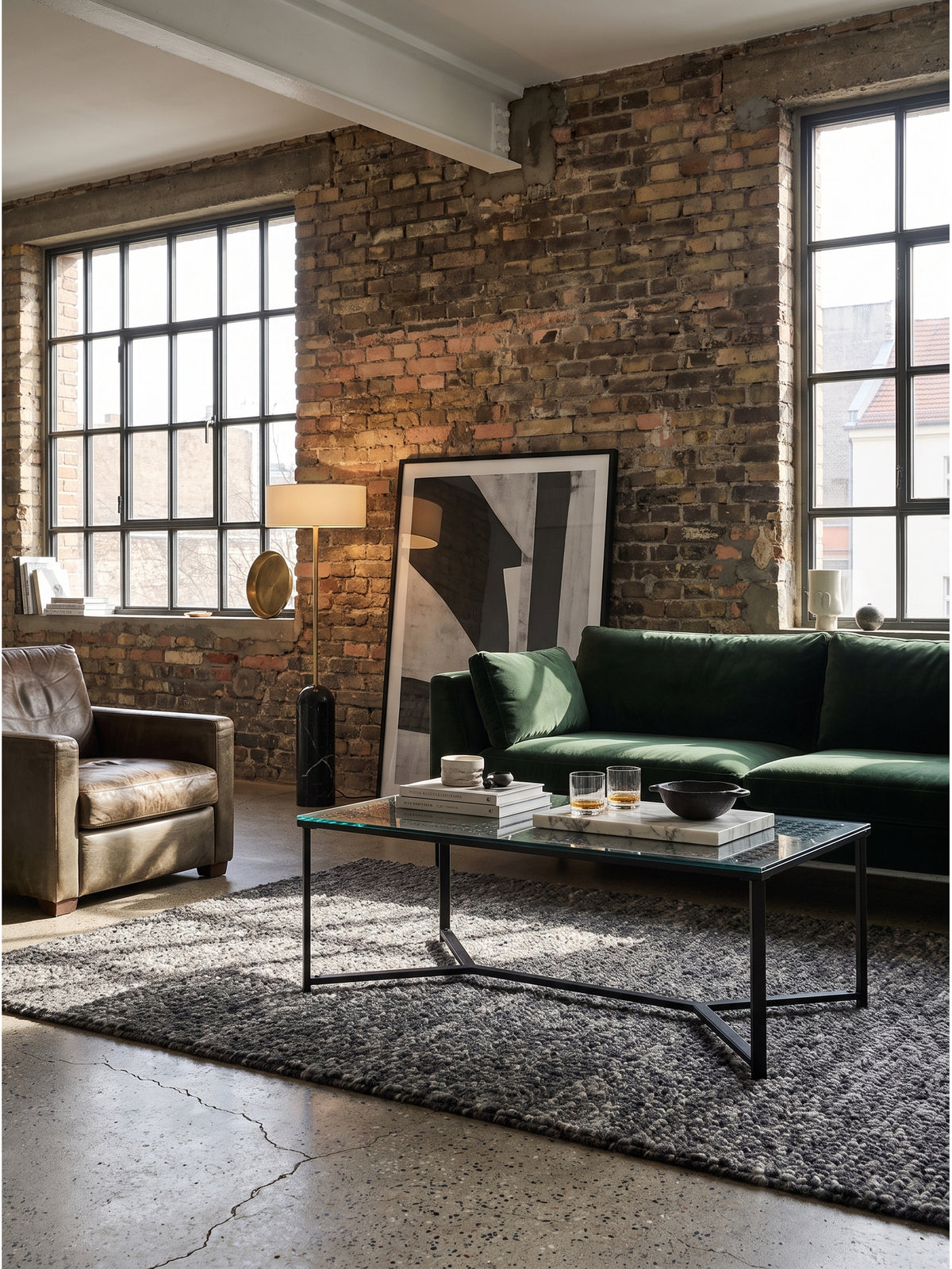 Rechteckiger Couchtisch aus Glas und Metall im industriellen Wohnzimmer mit Cognac-Ledersofa vor einer gekalkten Backsteinwand_