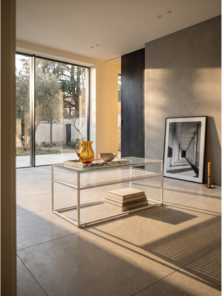 Minimalistisches Wohnzimmer mit puristischem weißem Metall-Couchtisch und transparenter Glasplatte vor einer fließenden grauen Tadelakt-Wand._