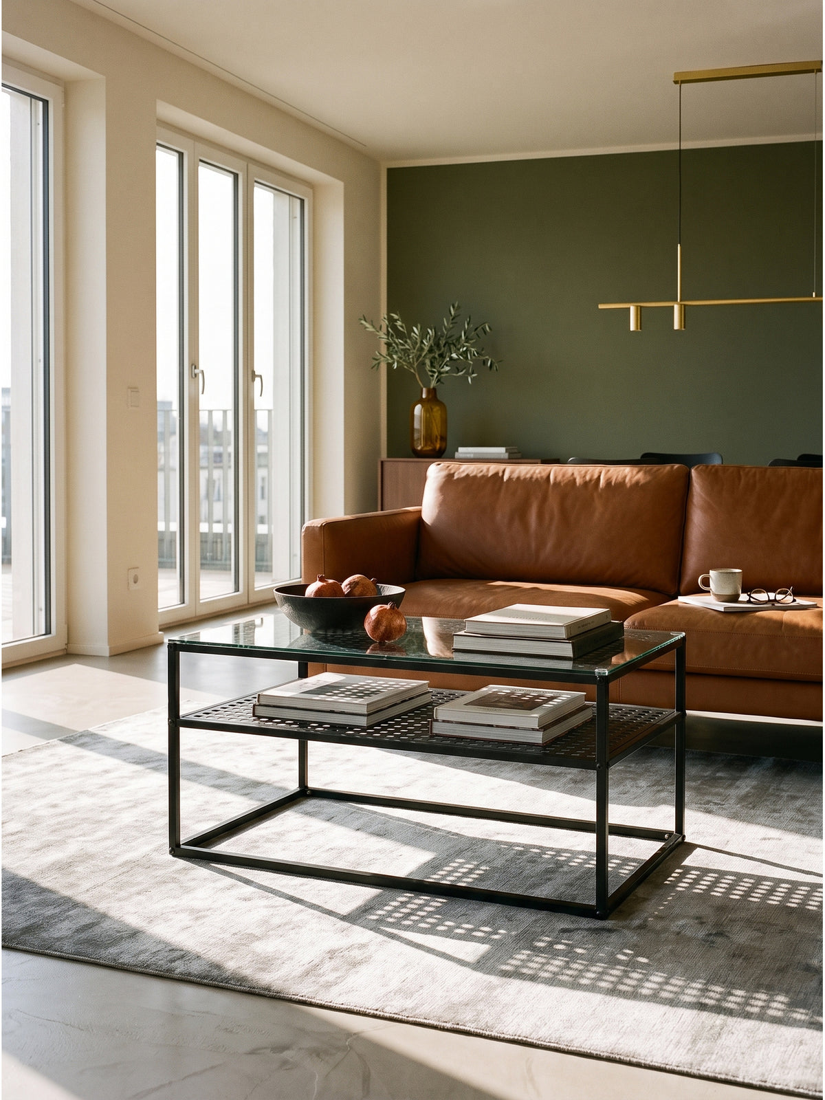 Schwarzer Metall-Couchtisch mit Glasplatte kombiniert mit einem modernen Sessel im minimalistischen Wohnbereich_