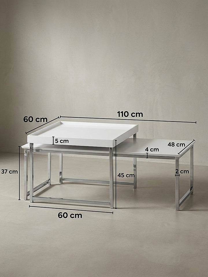 Technische Bemaßung des Satztisches mit exakten Angaben L:110cm x B:60cm x H:45cm für eine präzise Raumplanung im modernen Wohnbereich._