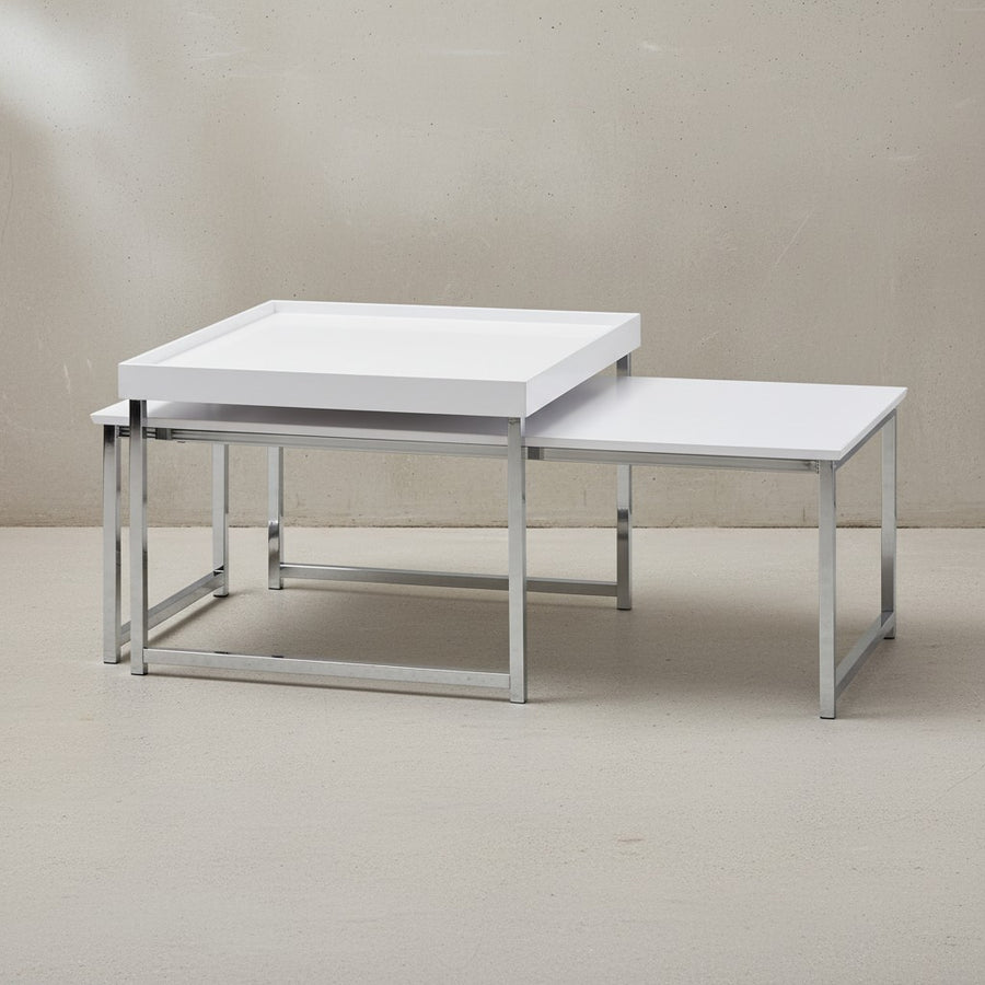 Couchtische 2er Set SILVANUS_ Holz und Metall_ Eiche/Weiß_ ineinanderschiebbar_ Eichenfurnier/lackiertes MDF - KADIMA DESIGN_Farbe_ Weiß_ Größe_ 110x60x45 cm_