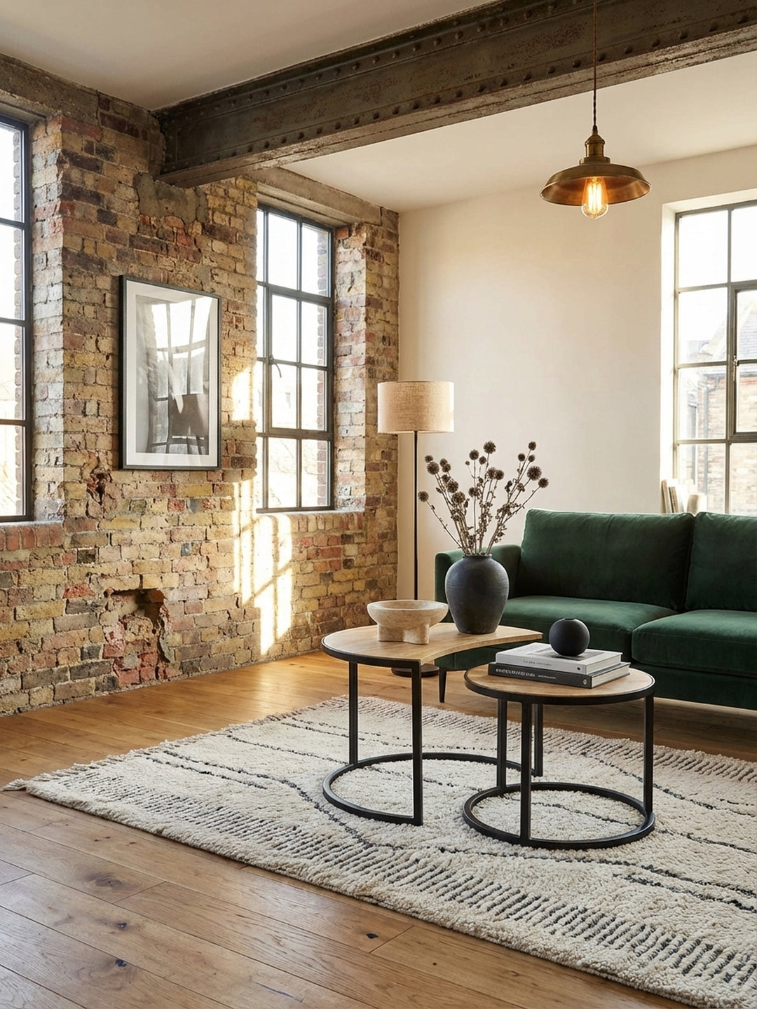 Industrial Couchtisch als 2er Set aus Mango Massivholz im Wohnzimmer vor einem Cognac-Ledersofa, platziert auf einem cremefarbenen marokkanischen Teppich für ein warmes Ambiente._