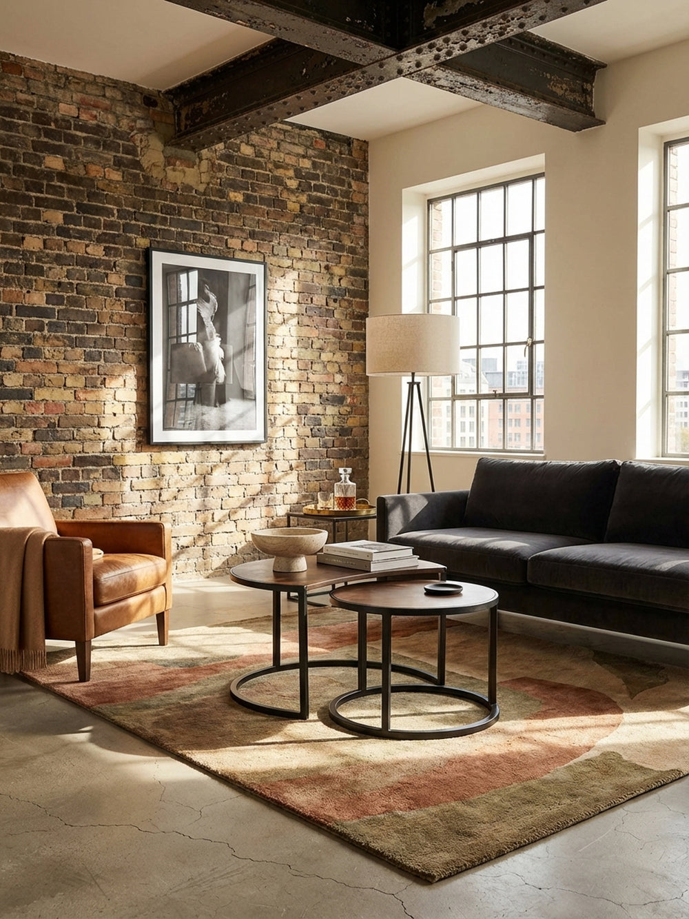 Eleganter Couchtisch im Industrial-Stil aus Mango-Massivholz und schwarzem Metall in einem modernen Loft-Wohnzimmer, stilvoll arrangiert vor einer Ledercouch._