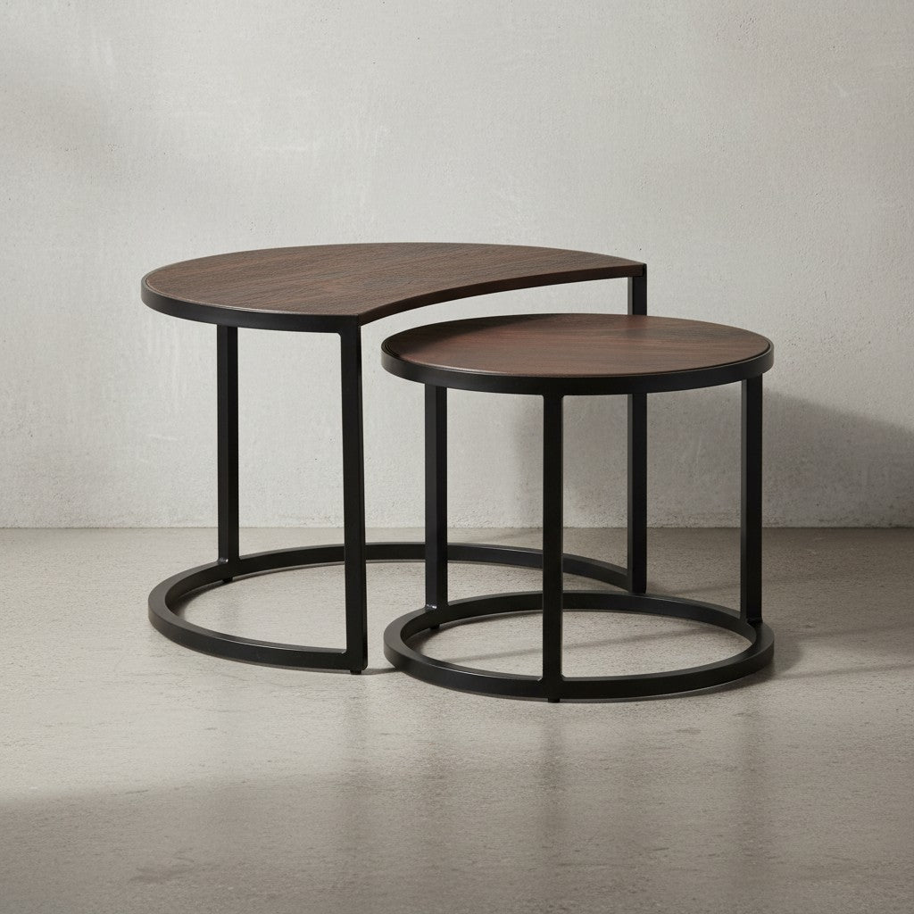 Couchtische ESINO Set_ Industrial-Stil_ Holz und Metall_ handgefertigt_ Anti-Rutsch-Noppen_ 15 kg/10 kg Belastung - KADIMA DESIGN_Farbe_ Braun_ Größe_ 60x41x41 cm_