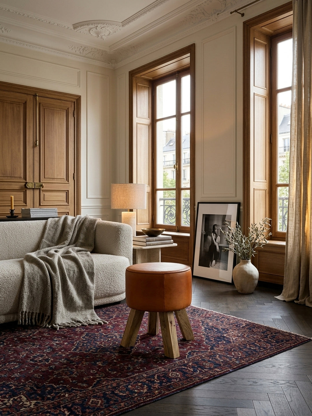 Runder Lederhocker in Cognacbraun als eleganter Sitzplatz im modernen Wohnzimmer. Der kompakte Fußhocker aus Massivholz und Echtleder bringt warme Akzente ins luxuriöse Interieur._