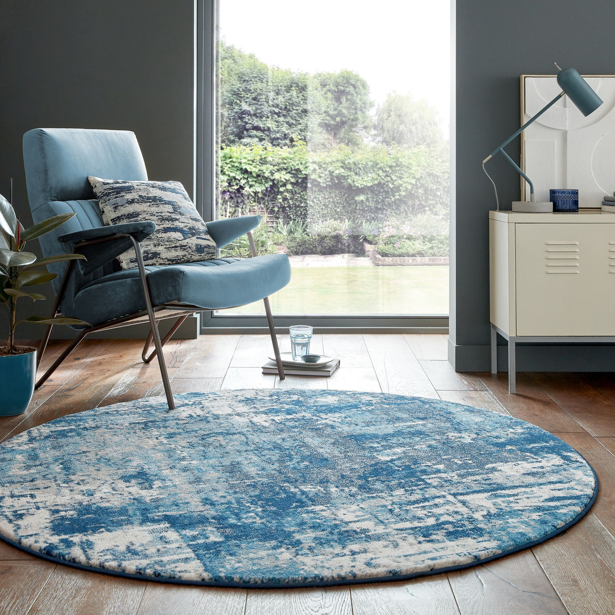 Abstrakte Kunst-Teppiche in Premium-Qualität_Blau_Rund_