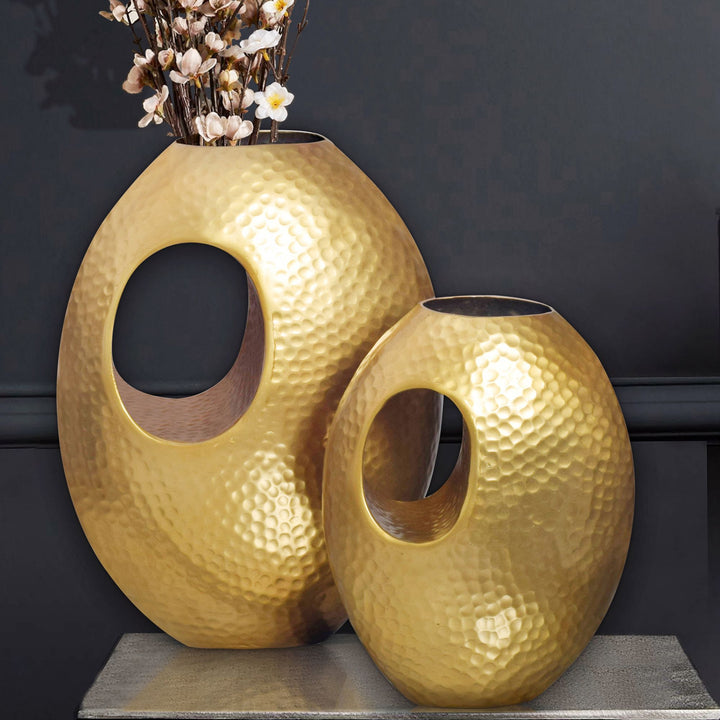 Deko Vase 2er Set Aluminium mit Tragegriff Blumenvase Modern - Hammerschlag Dekovase 2-teilig für Blumen - Alu Tischvase Handgefertigt_