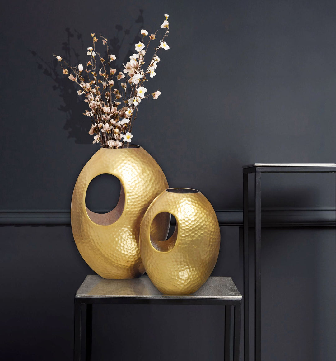 Deko Vase 2er Set Aluminium mit Tragegriff Blumenvase Modern - Hammerschlag Dekovase 2-teilig für Blumen - Alu Tischvase Handgefertigt_