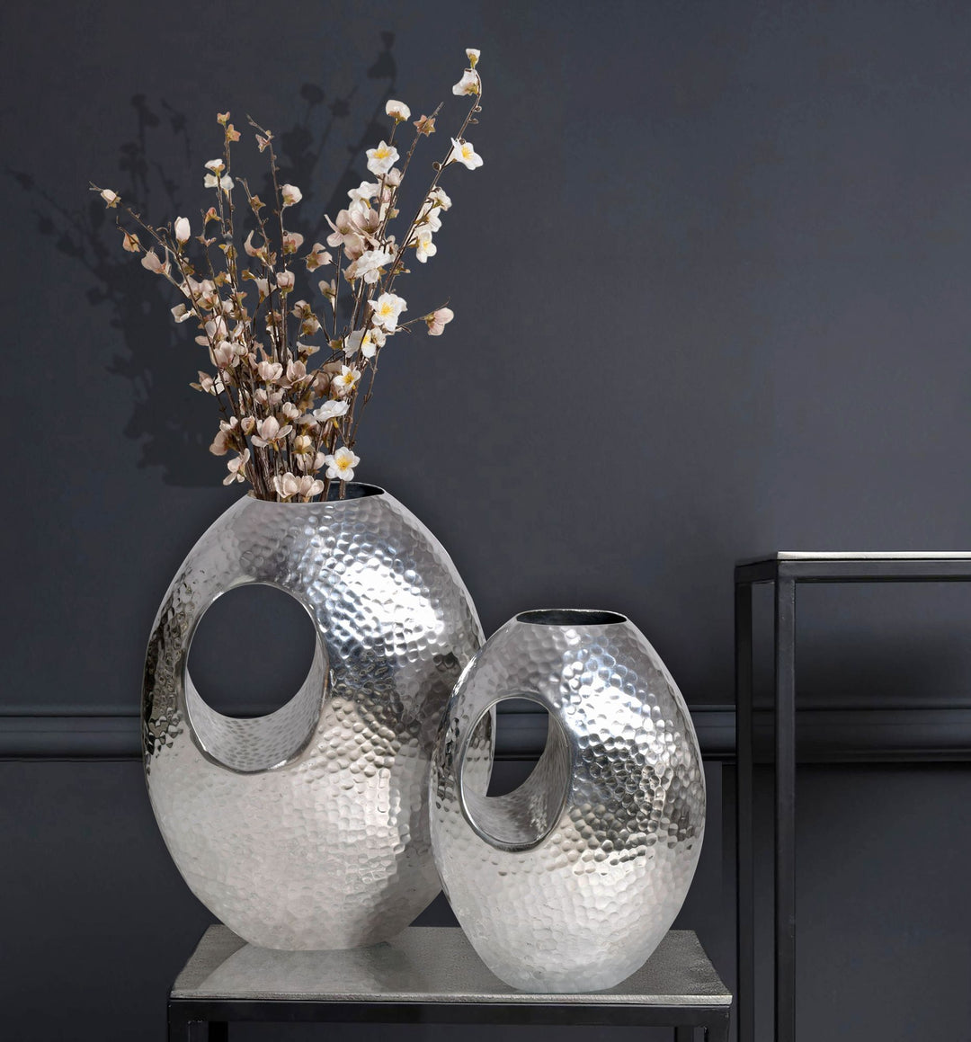 Deko Vase 2er Set Aluminium mit Tragegriff Blumenvase Modern - Hammerschlag Dekovase 2-teilig für Blumen - Alu Tischvase Handgefertigt_