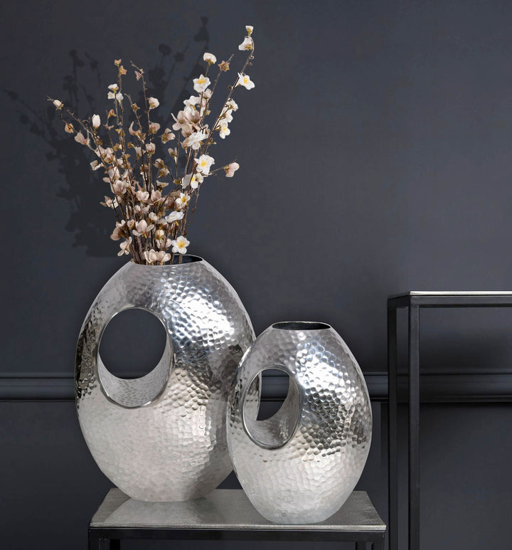Deko Vase 2er Set Aluminium mit Tragegriff Blumenvase Modern - Hammerschlag Dekovase 2-teilig für Blumen - Alu Tischvase Handgefertigt_