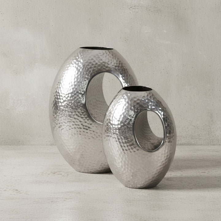 Deko Vase 2er Set Aluminium mit Tragegriff Blumenvase Modern - Hammerschlag Dekovase 2-teilig für Blumen - Alu Tischvase Handgefertigt_