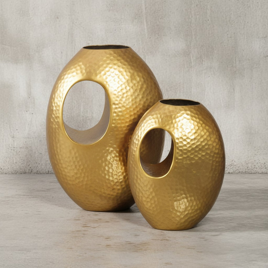 Deko Vase 2er Set Aluminium mit Tragegriff Blumenvase Modern - Hammerschlag Dekovase 2-teilig für Blumen - Alu Tischvase Handgefertigt_