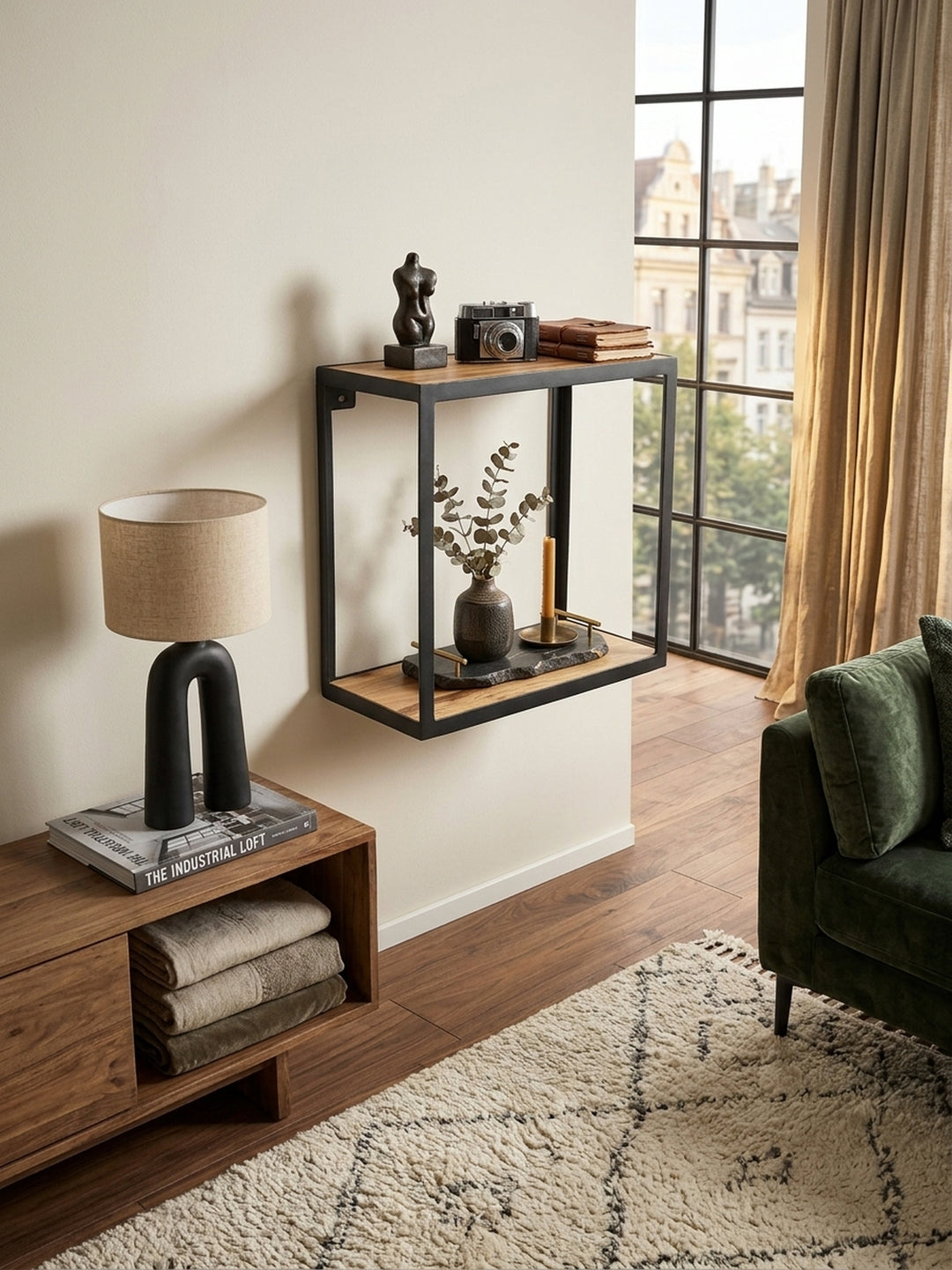 Draufsicht auf ein stilvolles Wohnzimmer mit einem hängenden Metallregal an einer warmweißen Wand. Die dunkle Holzmaserung des 18 cm tiefen Sheesham-Regalbodens setzt warme Akzente._