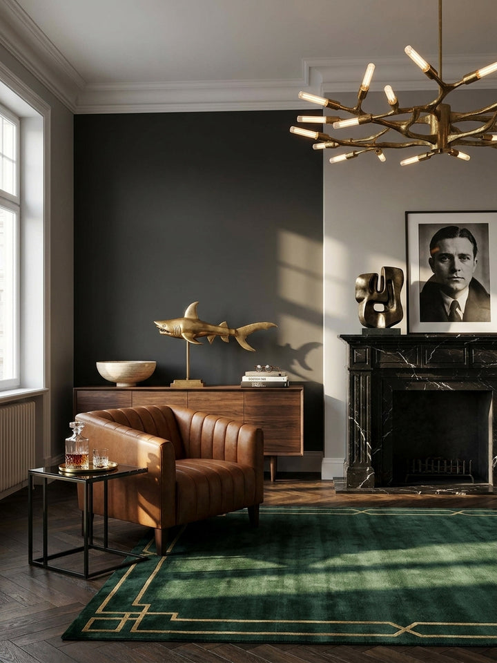 Die imposante Dekofigur eines Hais in Gold auf einem dunklen Sideboard, das Highlight in einem luxuriösen Wohnzimmer mit Art-Déco-Ambiente und dunkler Wand._