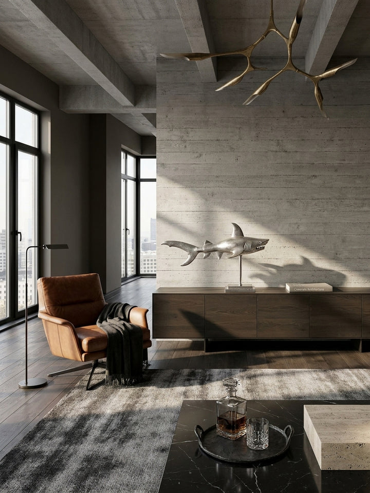 Große Dekofigur eines Hais aus silbernem Aluminium auf einem dunklen Sideboard in einem modern-brutalistischen Wohnzimmer mit Betonwand und Ledersessel._