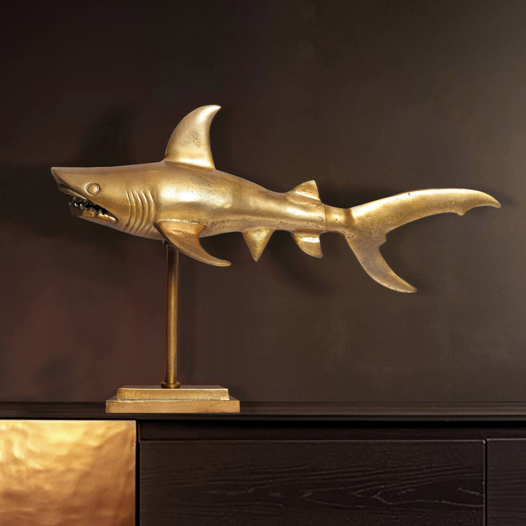 Dekofigur Hai Aluminium Maritim 70 cm mit Sockel - Design Metall Deko Alu Modern - Tischdeko Wohndeko Aluminiumdekoration - Dekoration Wohnaccessoire_