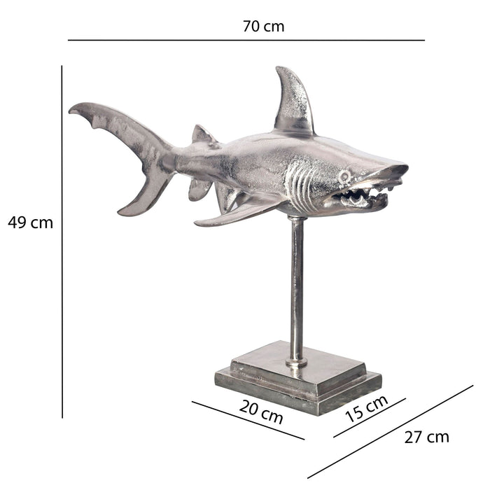 Dekofigur Hai Aluminium Maritim 70 cm mit Sockel - Design Metall Deko Alu Modern - Tischdeko Wohndeko Aluminiumdekoration - Dekoration Wohnaccessoire_