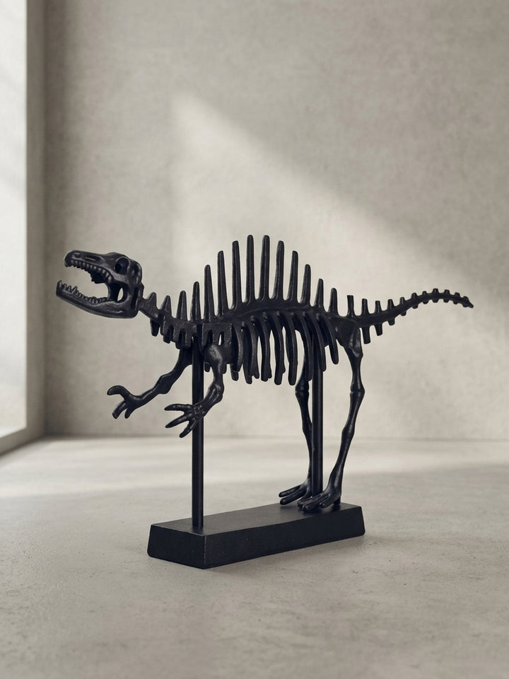 Detailansicht des kunstvoll gegossenen Dino-Schädels mit geöffnetem Kiefer aus robustem und schwerem lackiertem Aluminium_