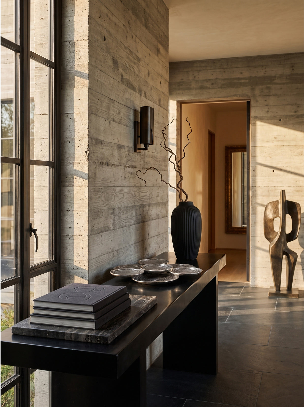 Skulpturale Dekoschale Silber Aluminium 44cm Rund auf einer massiven Eichenkonsole vor einer Wand aus Sichtbeton im Eingangsbereich._
