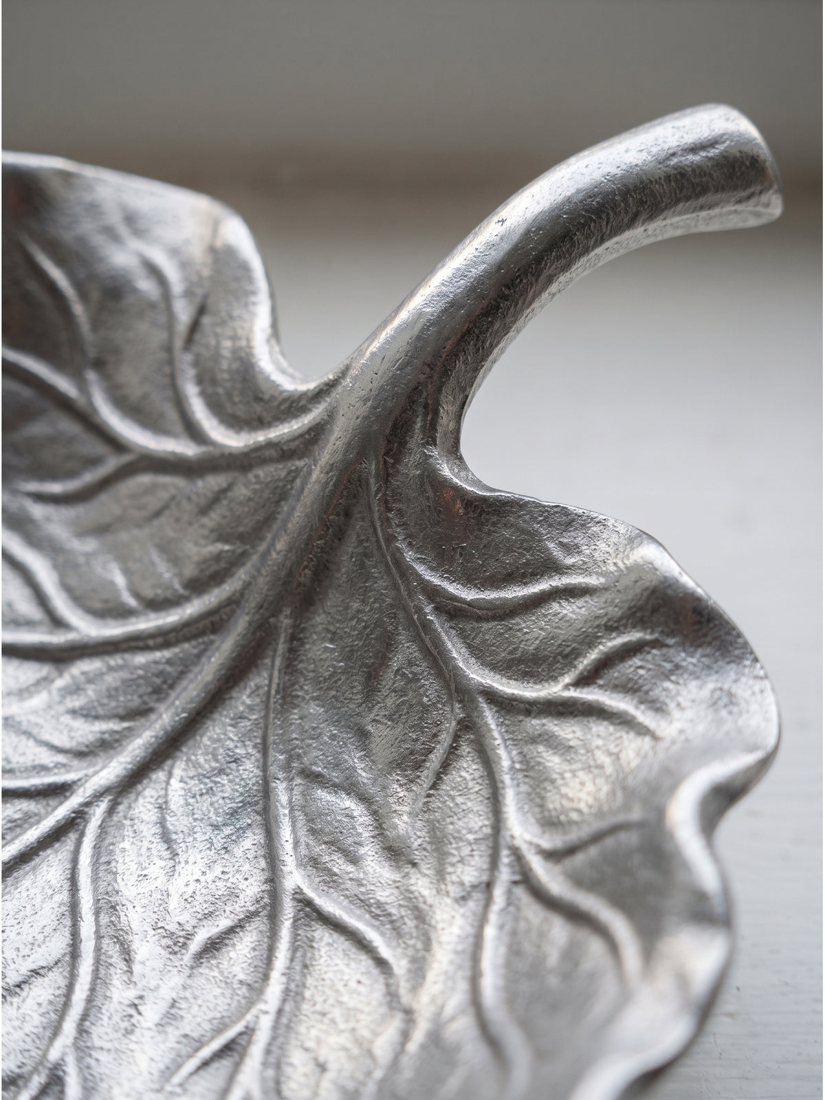 Nahaufnahme der organischen Blattstruktur der silbernen Aluminiumschale mit detaillierten Adern und glänzender Oberfläche_