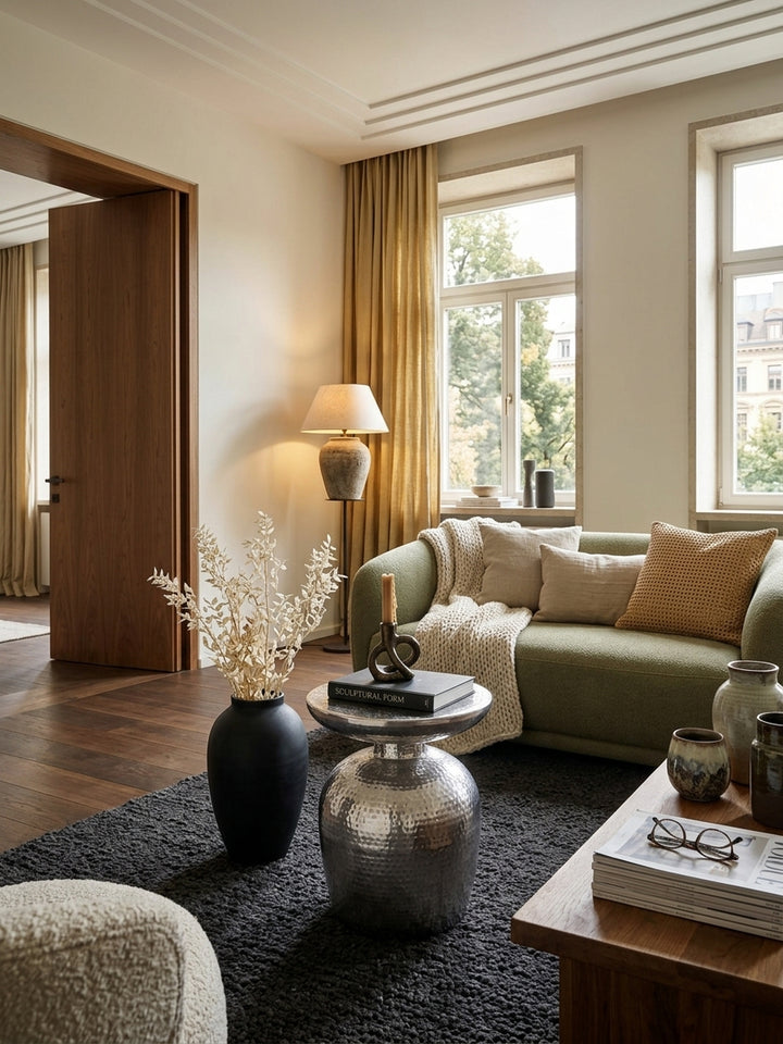 Eleganter Beistelltisch aus silbernem Aluminium mit Hammerschlag-Optik im Wohnzimmer. Der 46cm hohe orientalische Metalltisch steht auf einem dunklen Bouclé-Teppich neben einem Sessel._