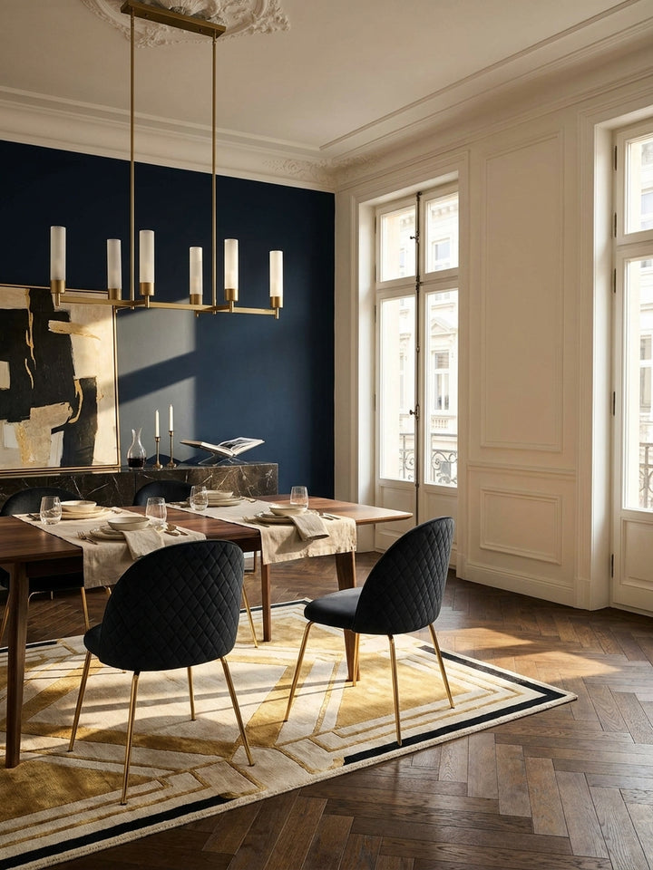 Eleganter Esszimmerstuhl aus schwarzem Samt mit goldenen Metallbeinen an einem dunklen Eichenholztisch im Pariser Art-Deco-Esszimmer mit Fischgrätparkett_