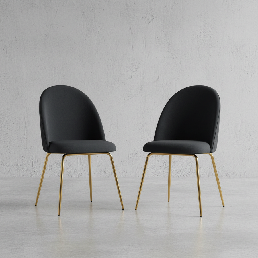 2er-Set Esszimmerstühle in Schwarz mit Samtbezug und goldenen Beinen – elegante Polsterstühle im modernen Design_