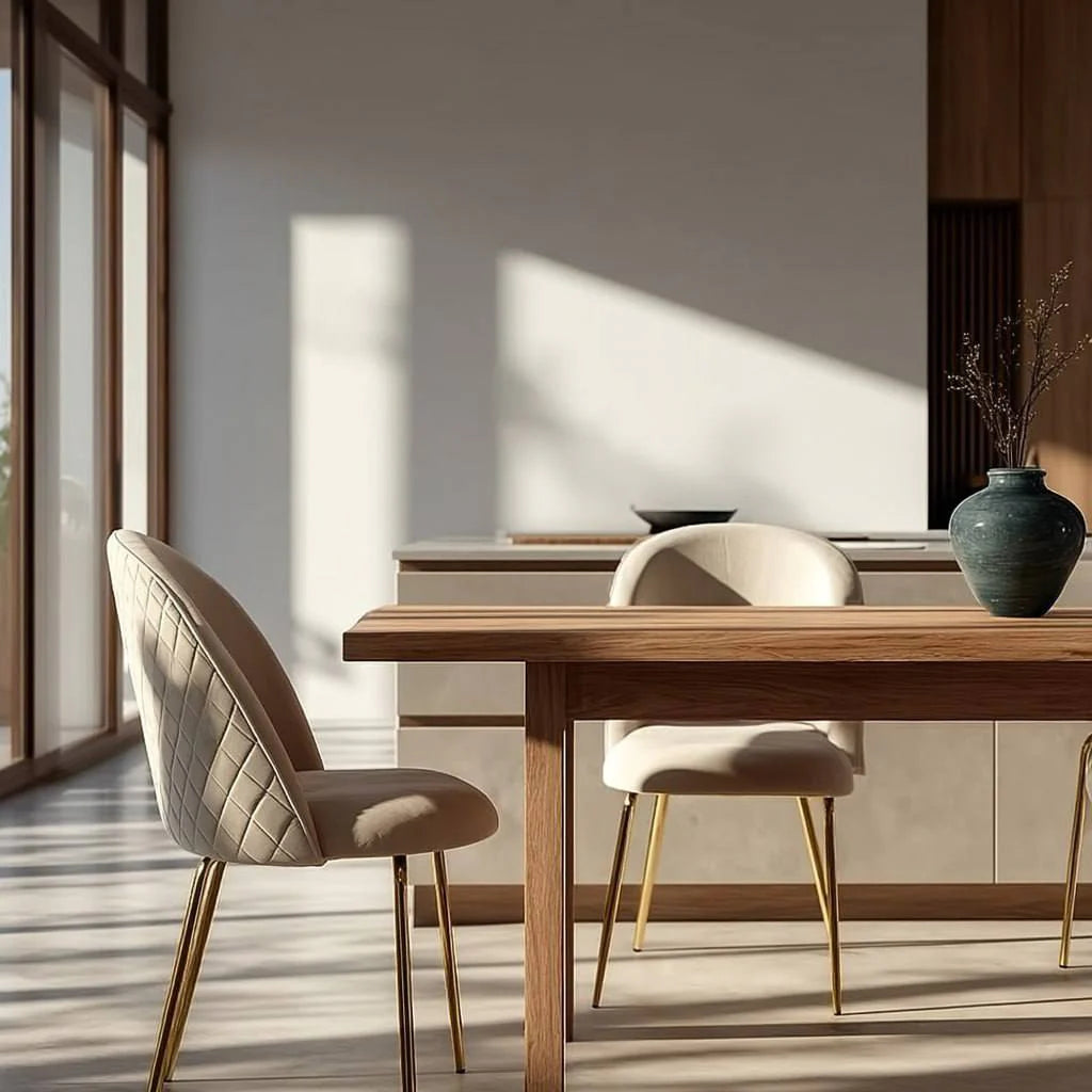 Design-Esszimmerstuhl Set 2 Stück, beige gepolstert mit Samt, Rücken gesteppt – stilvolle Küchenstühle modern _