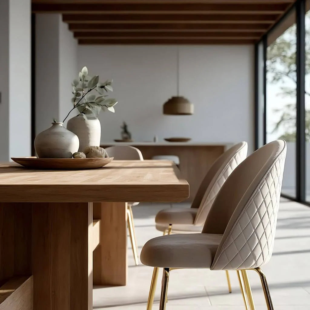 Küchenstuhl 2er-Set in Beige mit Samtpolsterung und goldenen Beinen – moderner Schalenstuhl im skandinavischen Stil _