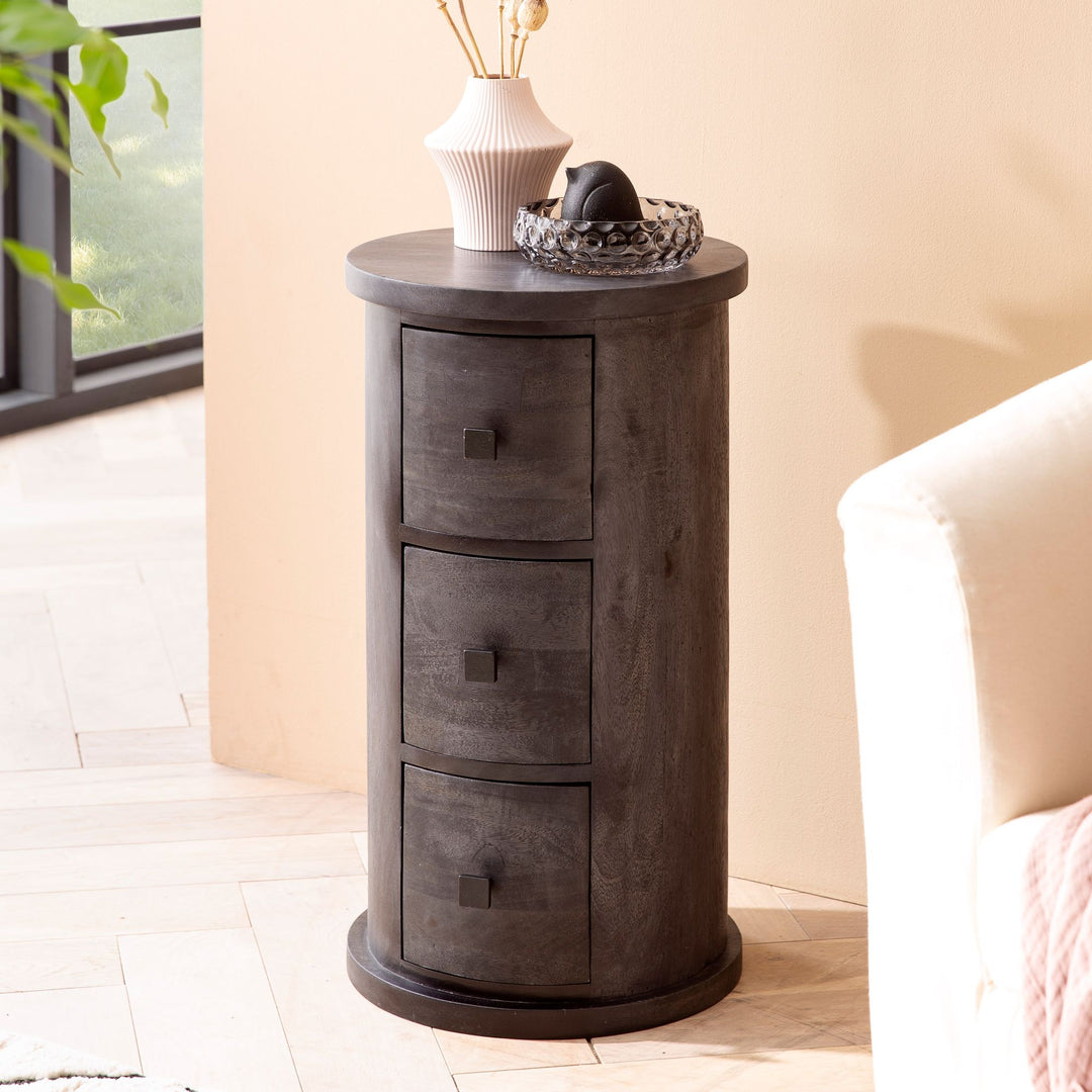 Sideboard – Mango Massivholz, 34x65x34 cm, 3 Schubladen, schmal, schwarz