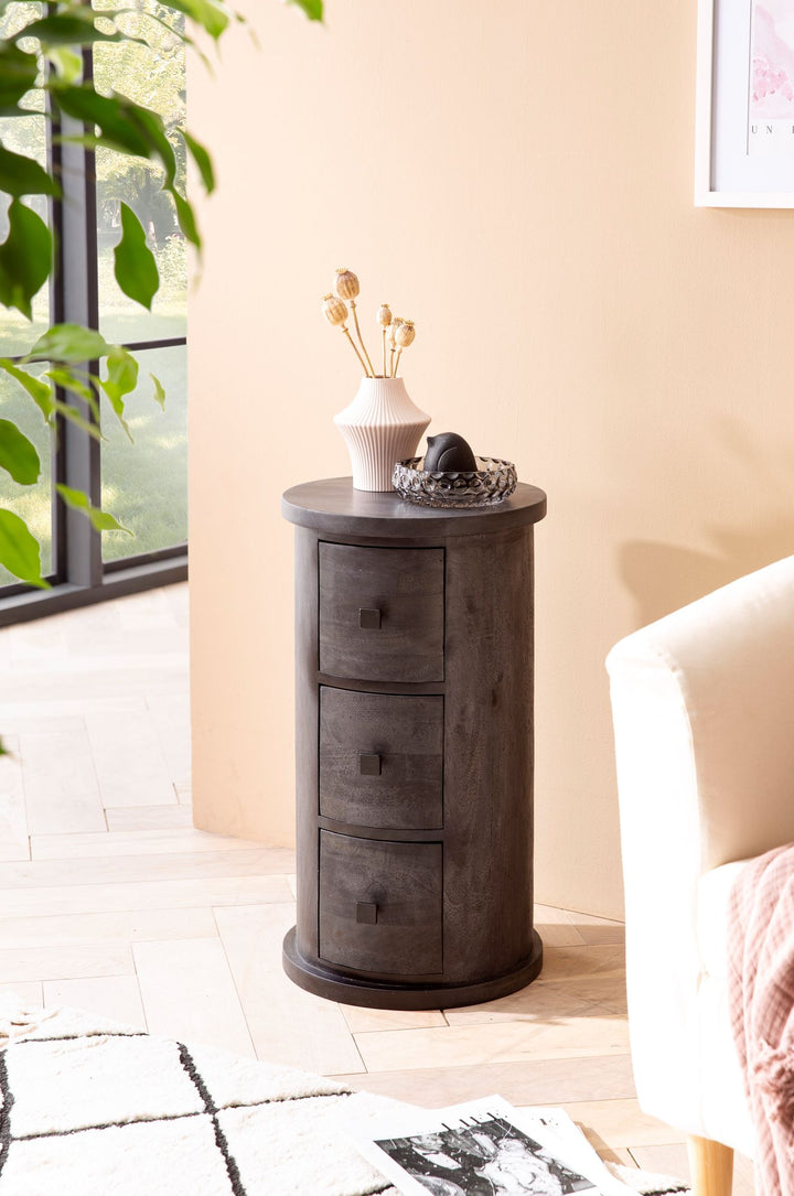 Sideboard – Mango Massivholz, 34x65x34 cm, 3 Schubladen, schmal, schwarz