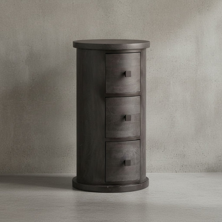 Design Sideboard Mango Massivholz Schwarz 34x65x34 cm - Schränkchen mit 3 Schubladen - Schmaler Beistellschrank Massiv - Mini Kommode Rund_
