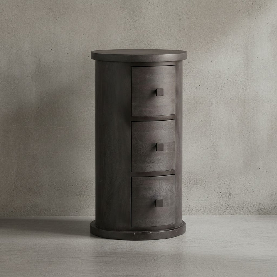 Design Sideboard Mango Massivholz Schwarz 34x65x34 cm - Schränkchen mit 3 Schubladen - Schmaler Beistellschrank Massiv - Mini Kommode Rund_