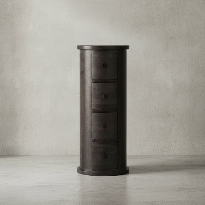Design Sideboard Mango Massivholz Schwarz 34x85x34 cm - Schränkchen mit 4 Schubladen - Schmaler Beistellschrank Massiv - Mini Kommode Rund_