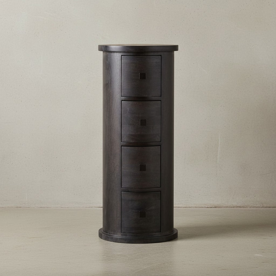 Design Sideboard Mango Massivholz Schwarz 34x85x34 cm - Schränkchen mit 4 Schubladen - Schmaler Beistellschrank Massiv - Mini Kommode Rund_