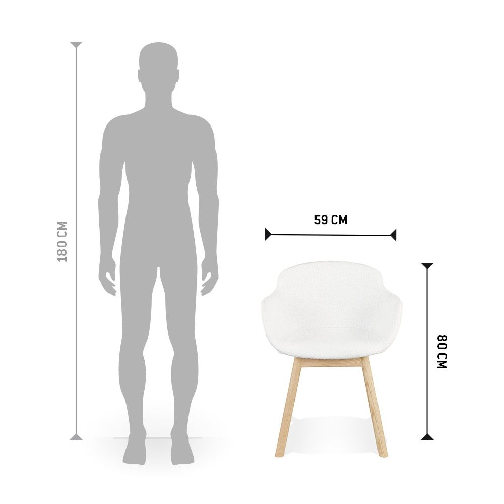 Skandinavischer Esszimmerstuhl mit weißem Bouclé und 2cm Polsterung - Sitztiefe 44cm - Eichenholzgestell von Kadima Design_