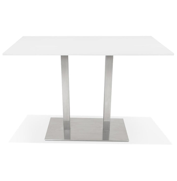 Moderner Stehtisch mit weißer Holzplatte und doppeltem Säulenfuß aus Metall - langlebig und elegant_